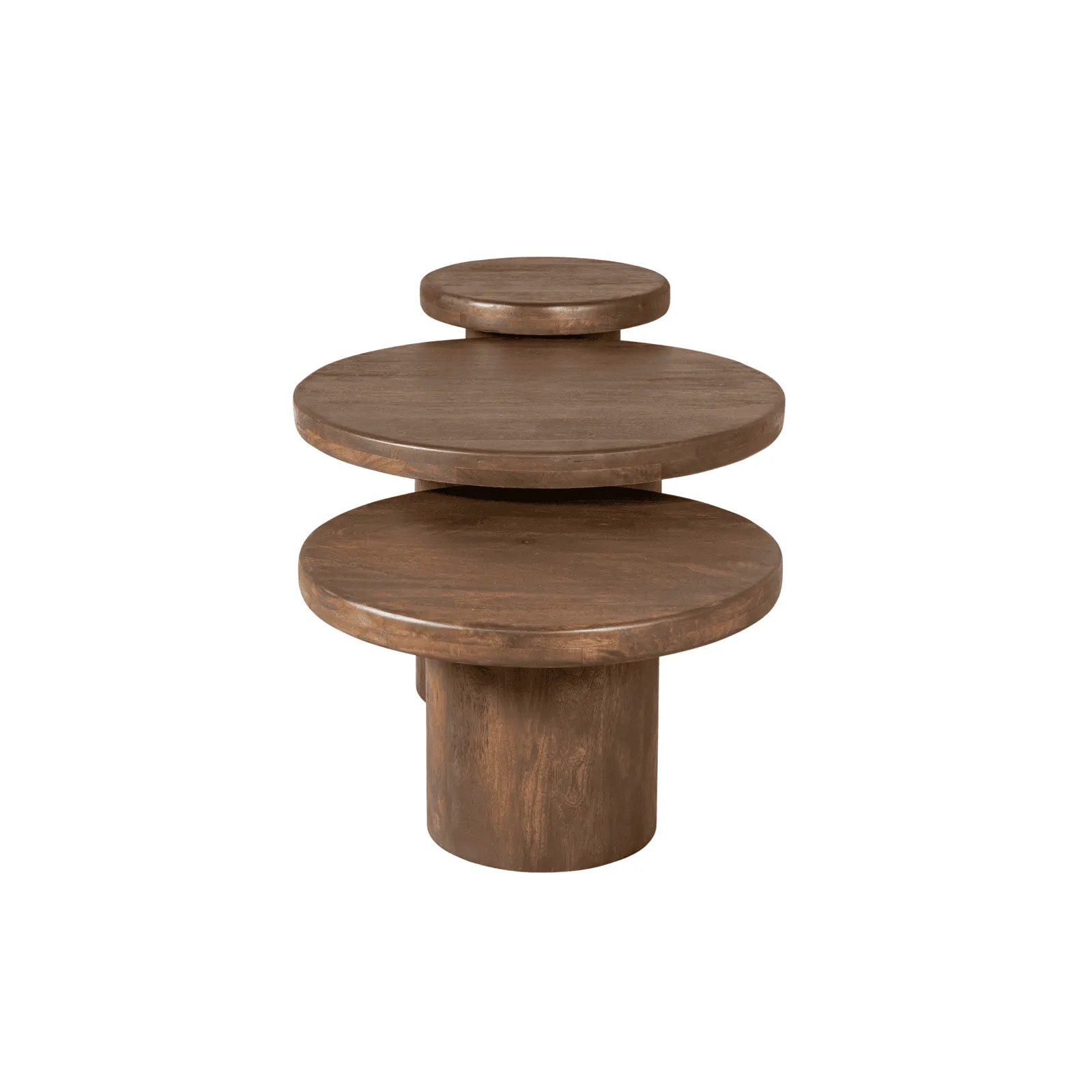 Couchtisch Maya, 70 cm, aus braunem Holz mit drei runden Platten auf weißem Hintergrund - Starfurn