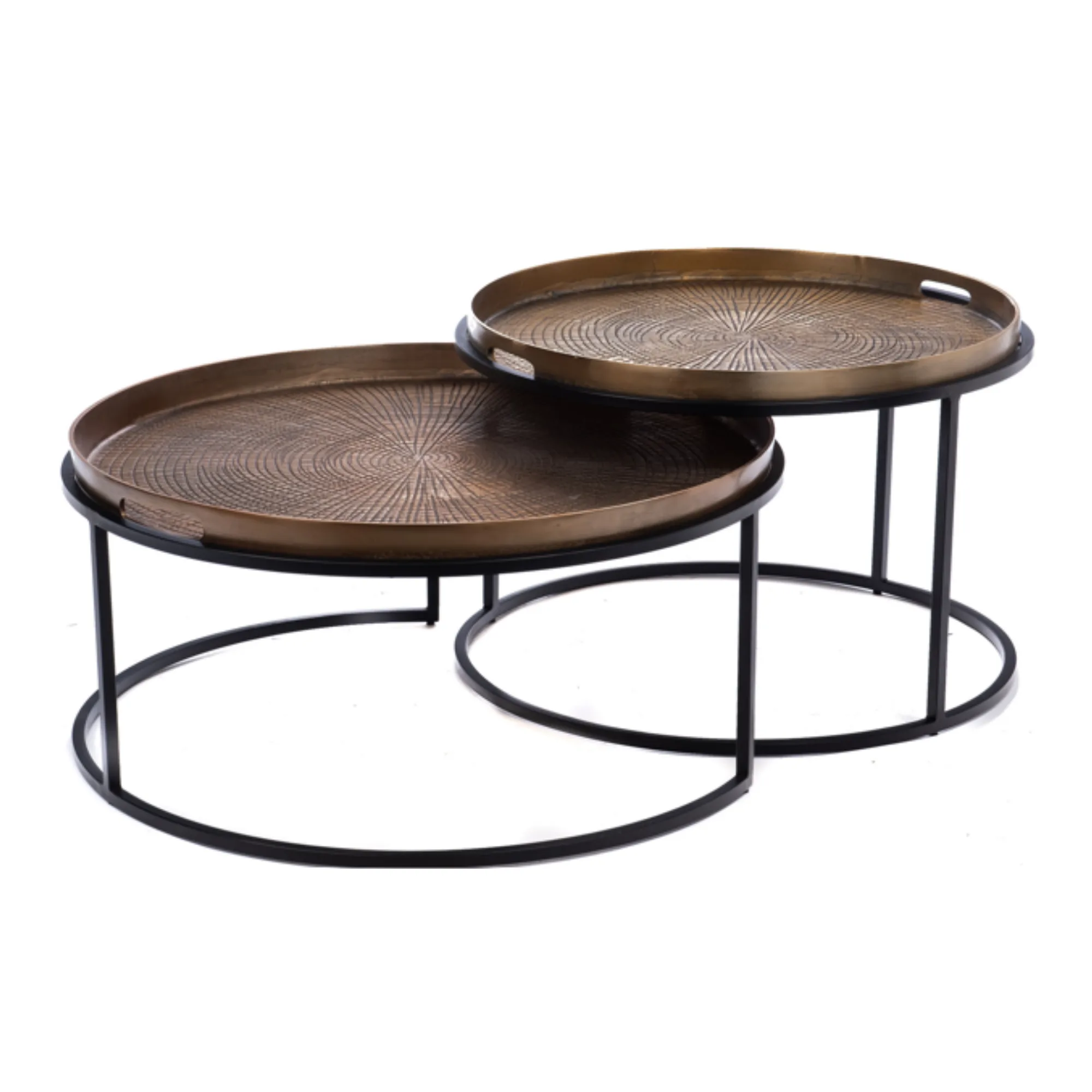 De Salontafel Julie set van 2 in een lichte woonkamer met een beige bank en vloerkleed - Starfurn