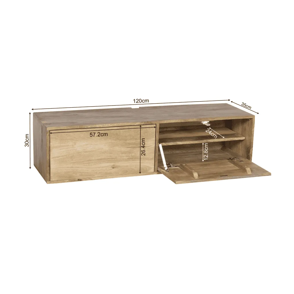 Zwevend tv meubel Vision Natural, 120 cm, met lade en open vakken, op een witte achtergrond - Starfurn