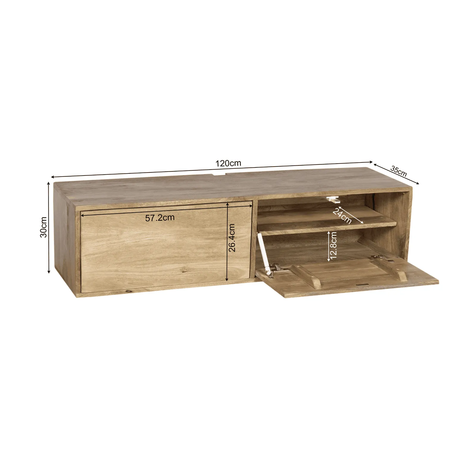 Zwevend tv meubel Vision Natural van 120 cm breed met een lade en open vakken, weergegeven met afmetingen op een witte achtergrond - Starfurn
