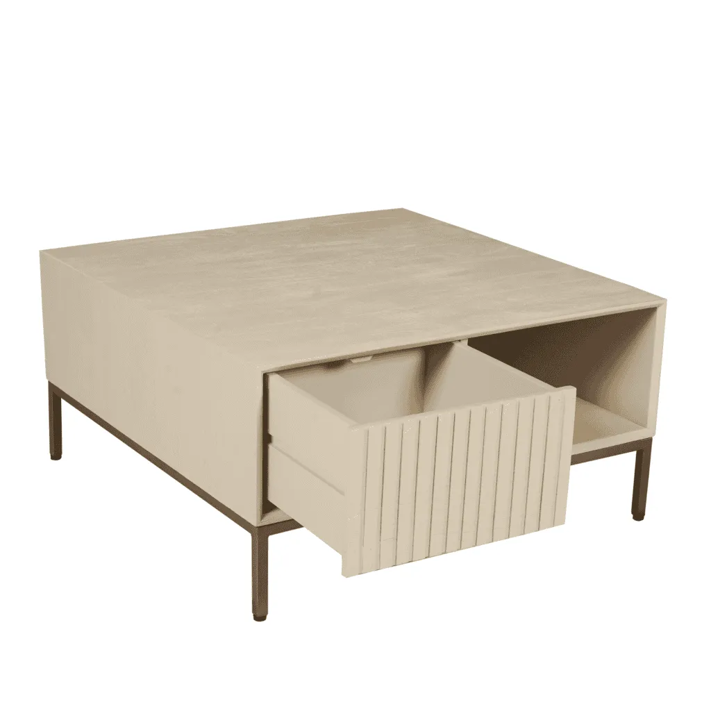 Couchtisch Madison Sand, 80 cm, quadratisch, mit offener Schublade auf weißem Hintergrund - Starfurn