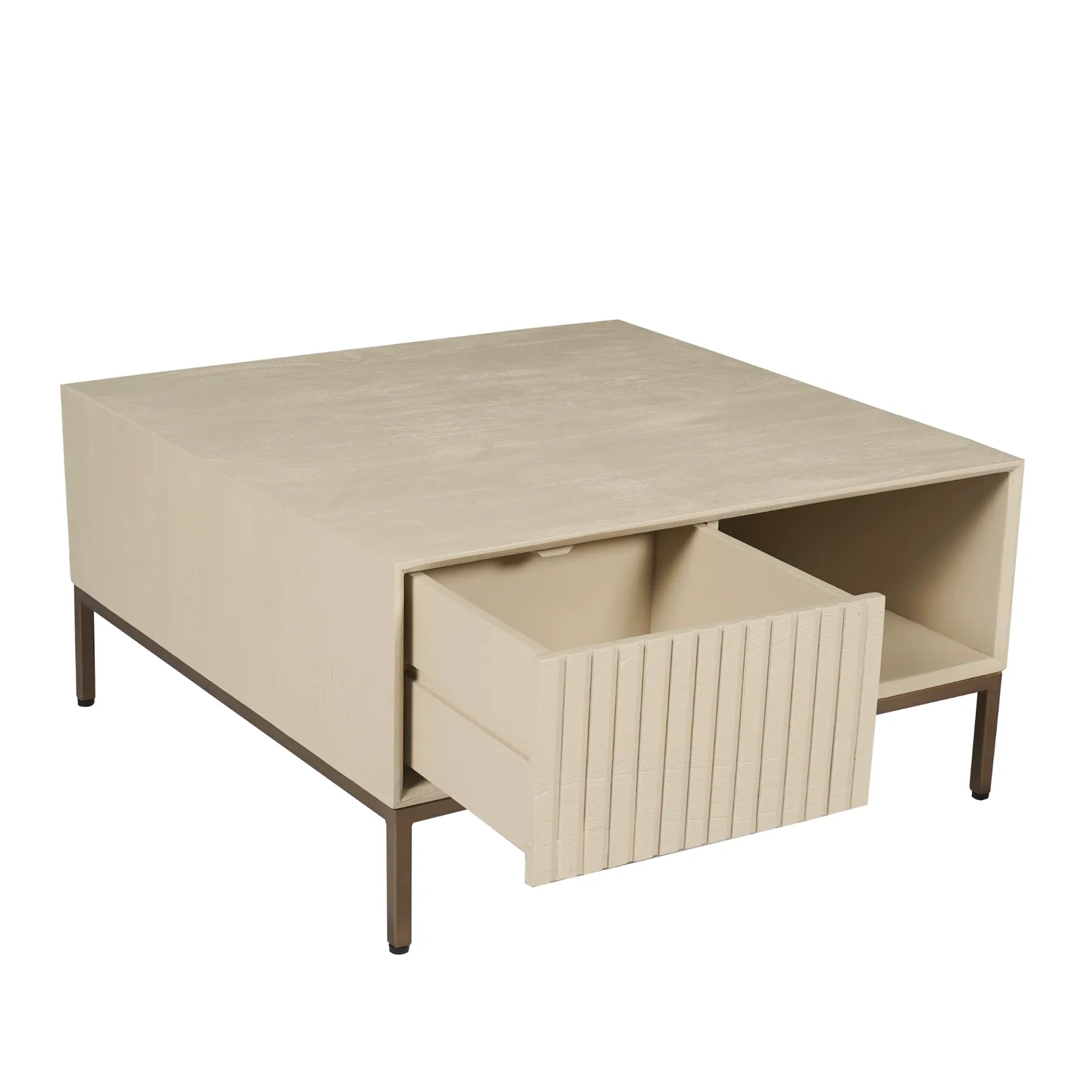 Couchtisch Madison Sand, 80 cm, quadratisch, mit offener Schublade auf weißem Hintergrund - Starfurn