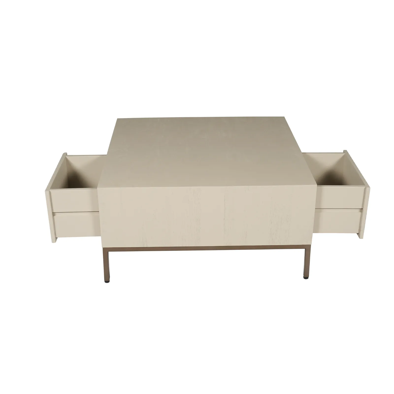 Couchtisch Madison Sand, 80 cm, quadratisch, mit zwei ausgezogenen Schubladen auf weißem Hintergrund - Starfurn
