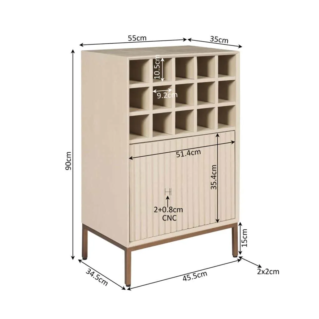 Weinschrank Madison Sand 55 cm mit Maßen auf weißem Hintergrund, schräg von vorne fotografiert - Starfurn