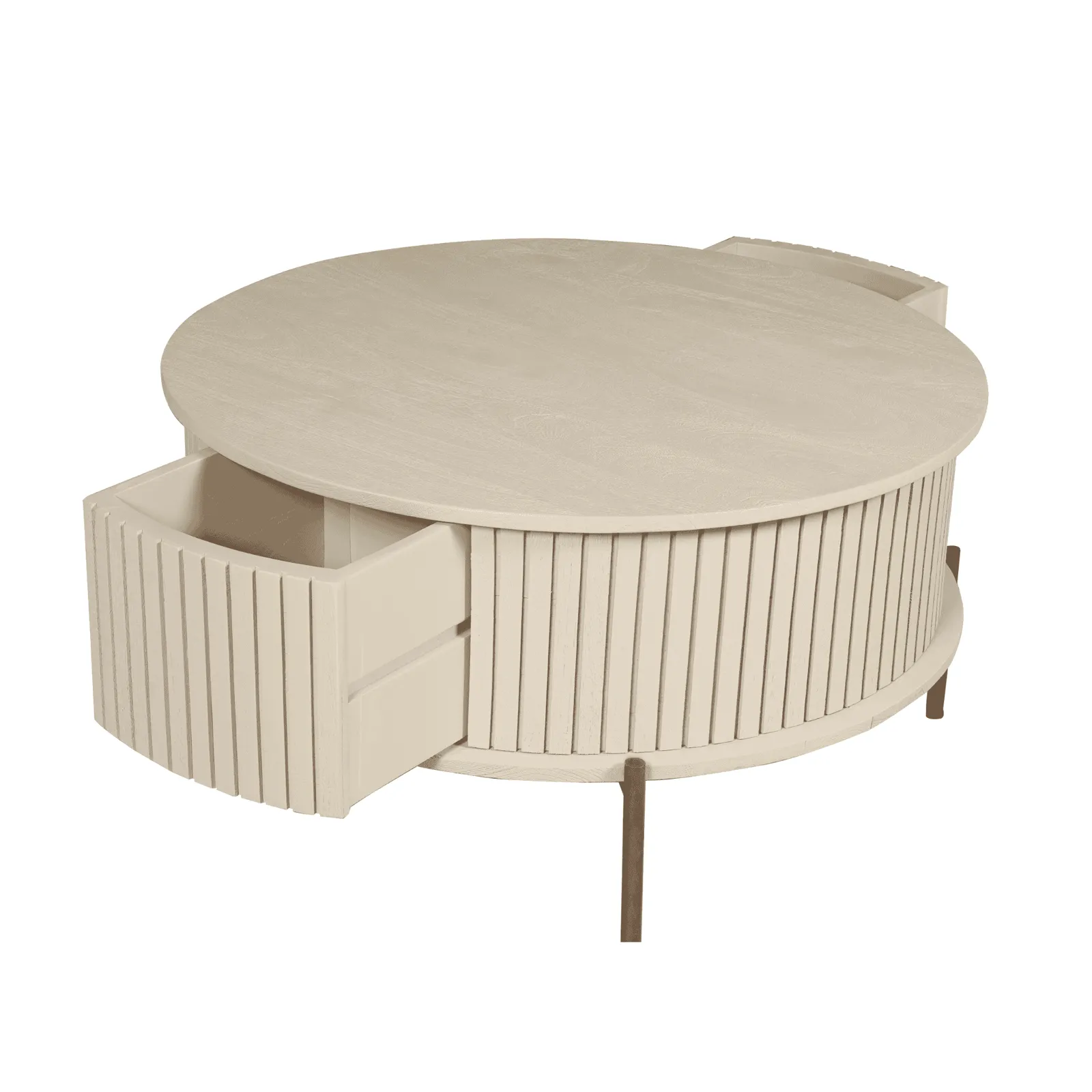 Couchtisch Madison Sand, 80 cm, rund, mit einer offenen Schublade und einem offenen Fach, auf weißem Hintergrund - Starfurn