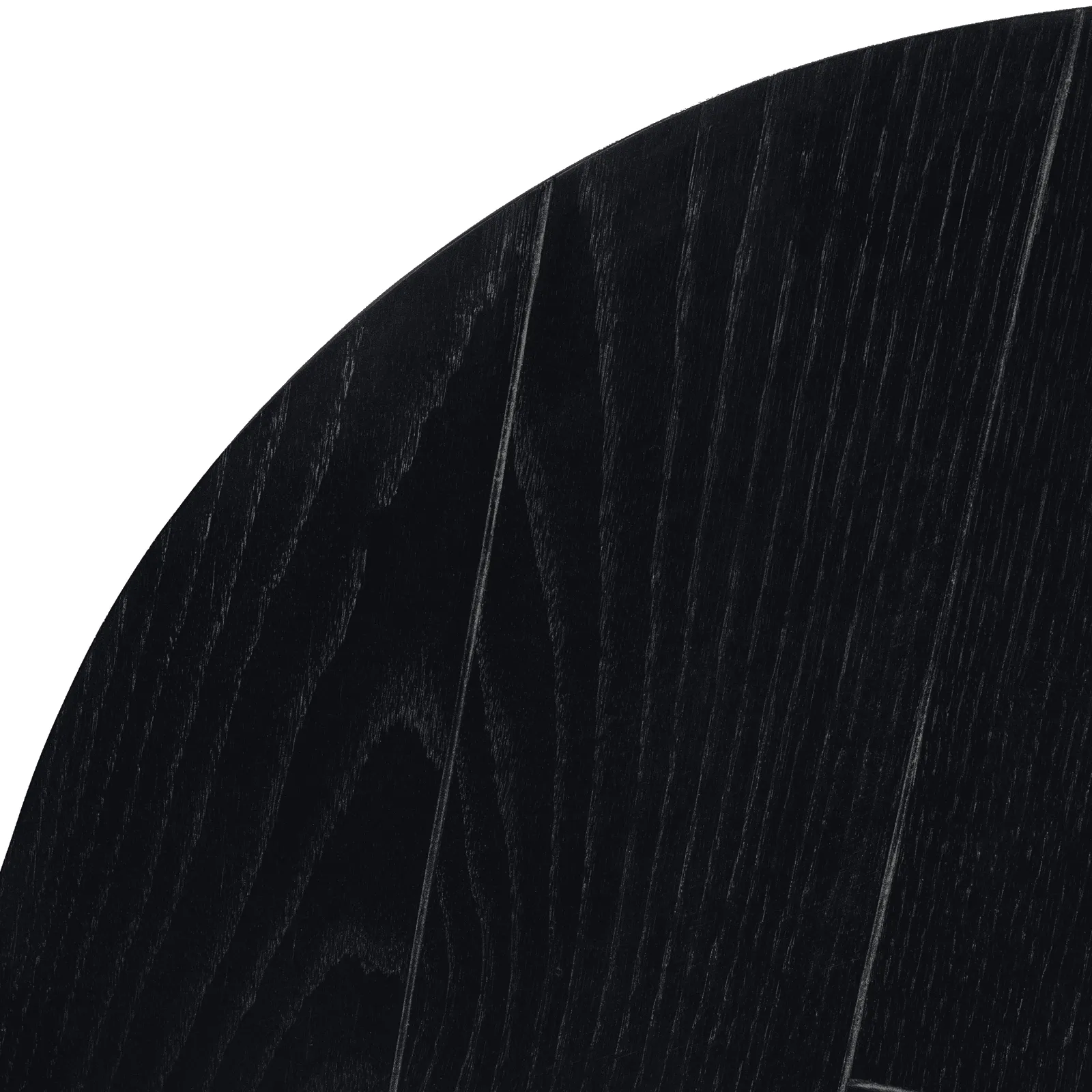Detailaufnahme der schwarzen Eichenplatte des Couchtisch Otik Black Oak, mit Holzmaserung und runder Kante - Starfurn