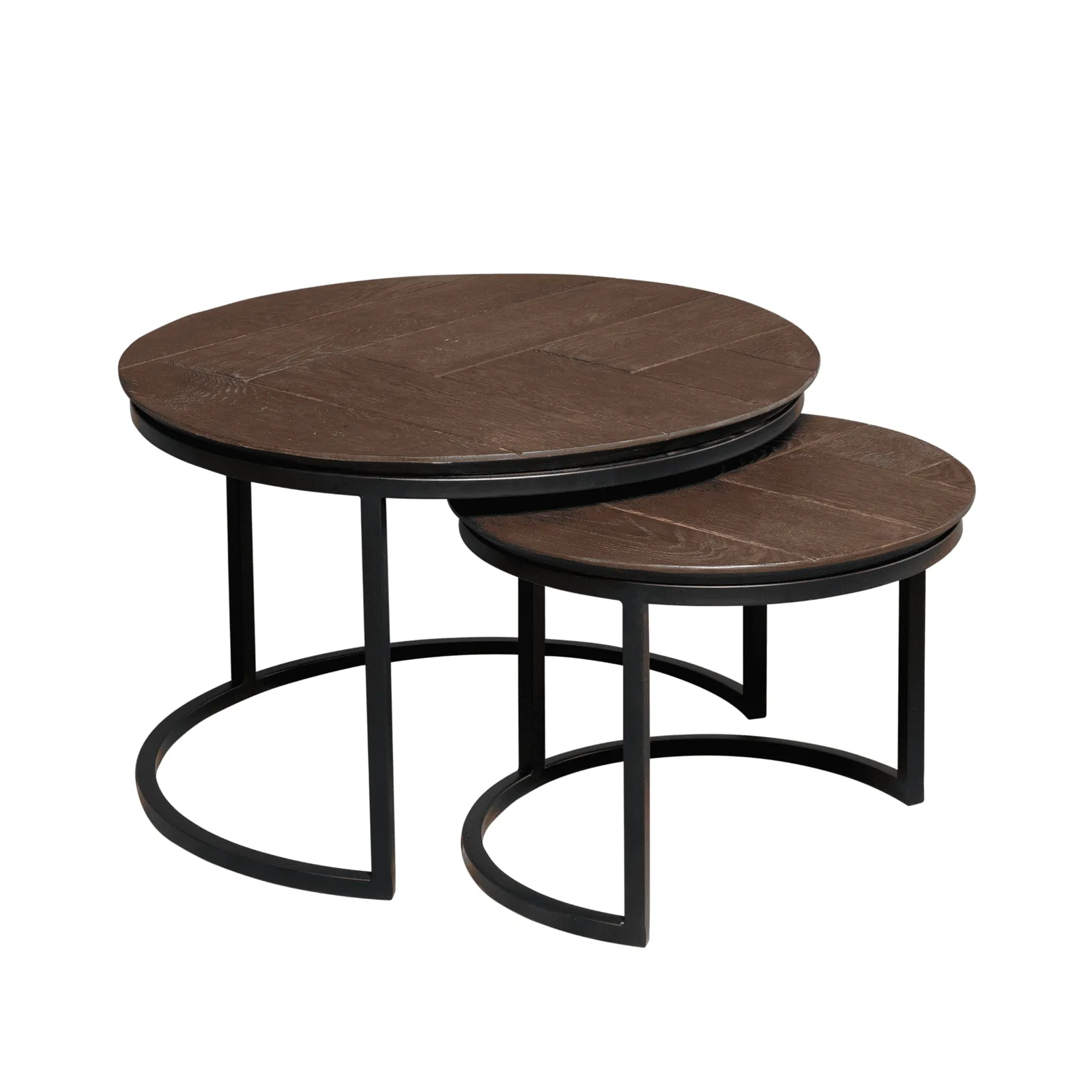 Set aus 2 runden Couchtischen Otik Brown Oak auf weißem Hintergrund, aus niedriger Perspektive - Starfurn
