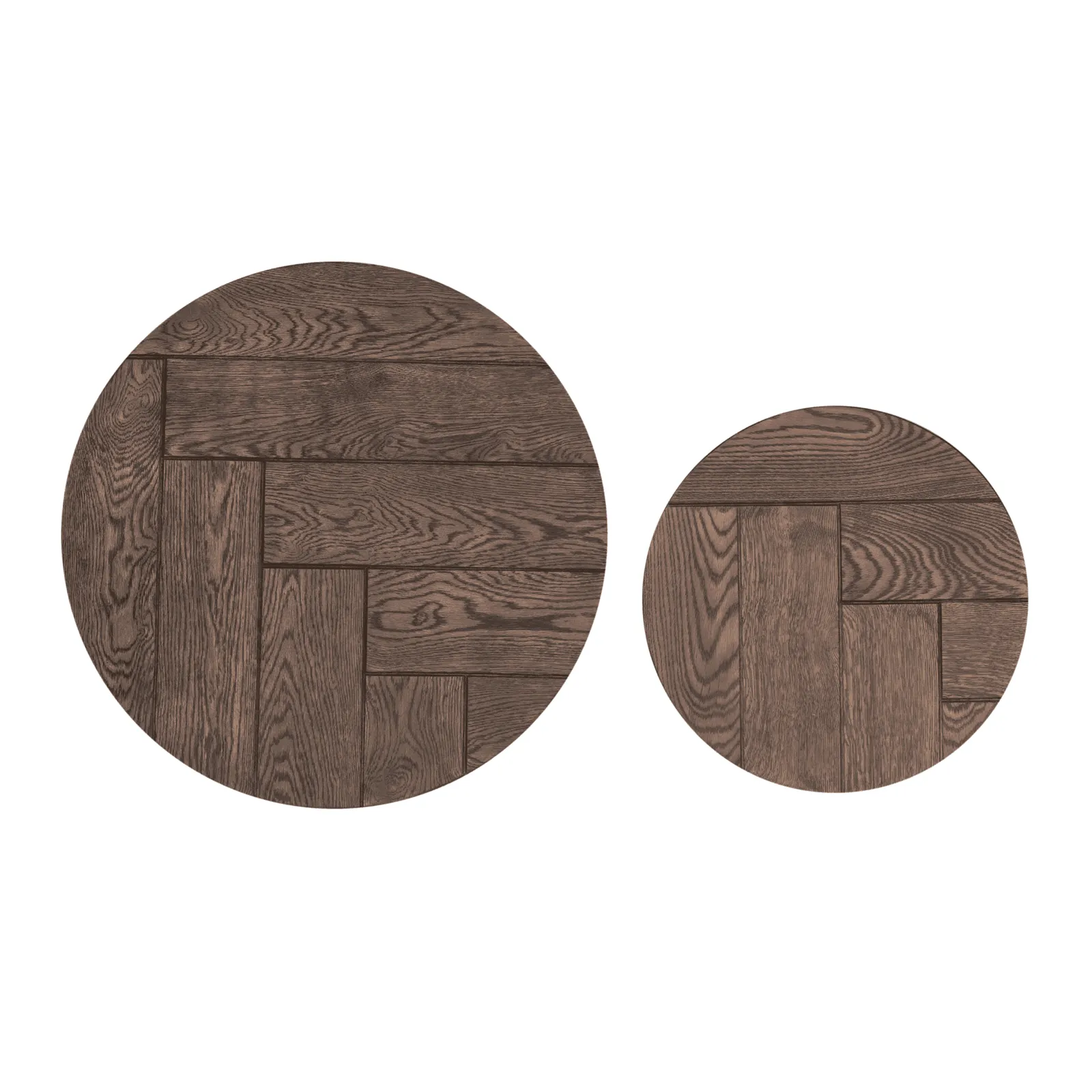 Set aus zwei Couchtisch Otik Brown Oak mit Holzplatte im Fischgrätmuster auf weißem Hintergrund, von oben - Starfurn