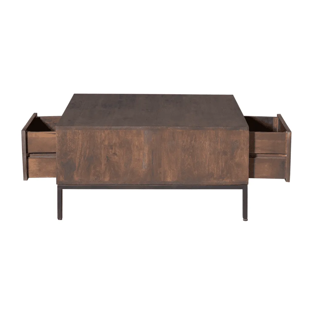 Couchtisch Madison Brown, 80 cm, quadratisch, mit zwei offenen Schubladen auf weißem Hintergrund - Starfurn