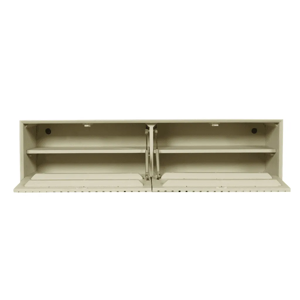 Zwevend tv meubel Madison Sand van Starfurn met openstaande kleppen en twee planken op een witte achtergrond