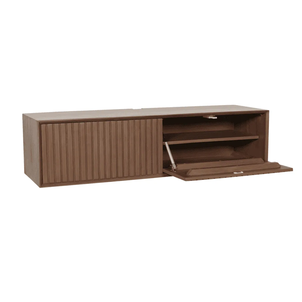 Zwevend tv meubel Madison Sand 120 cm met openstaand klepje en verticale groeven op een witte achtergrond - Starfurn