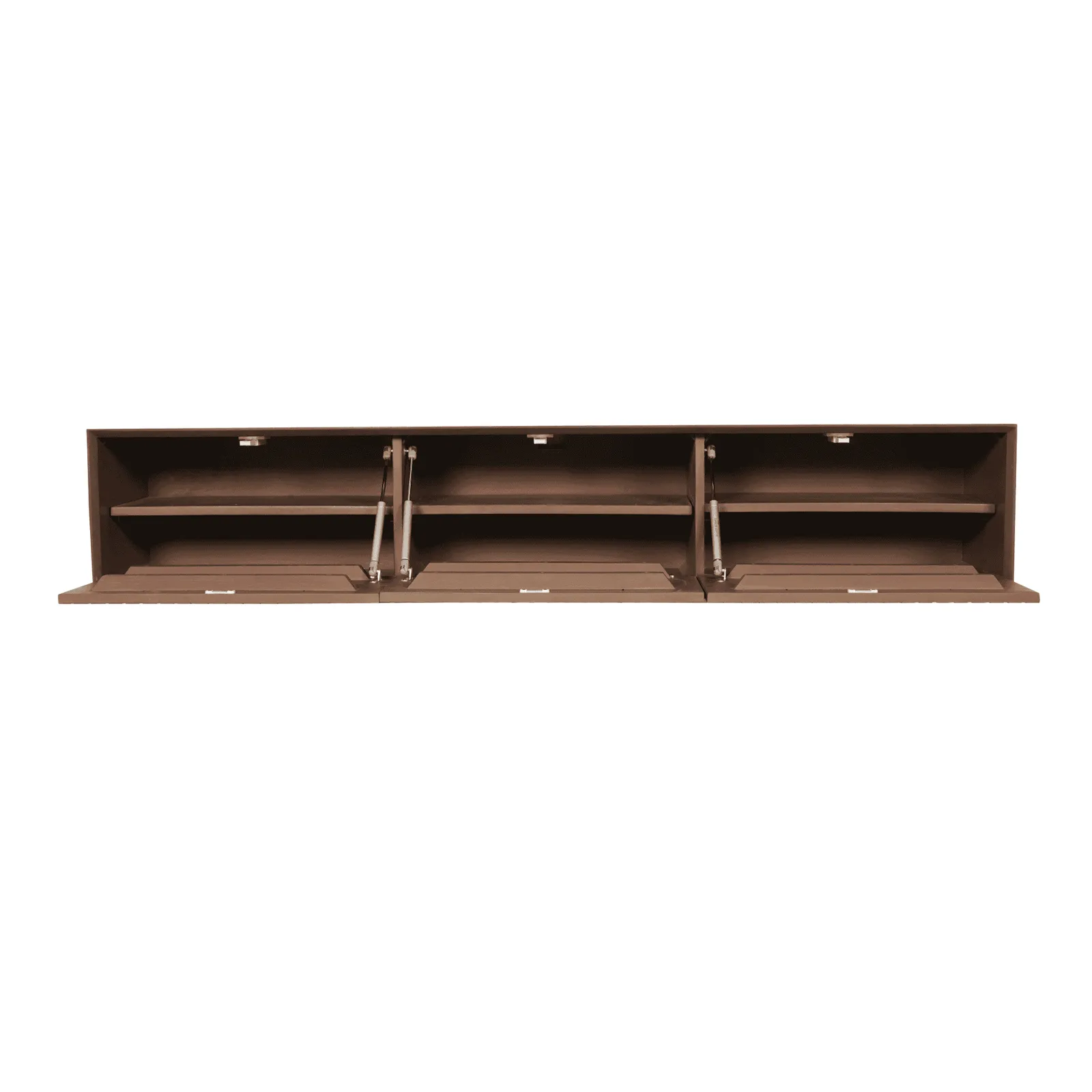 Zwevend tv meubel Madison Sand 120 cm met openstaande kleppen op een witte achtergrond - Starfurn