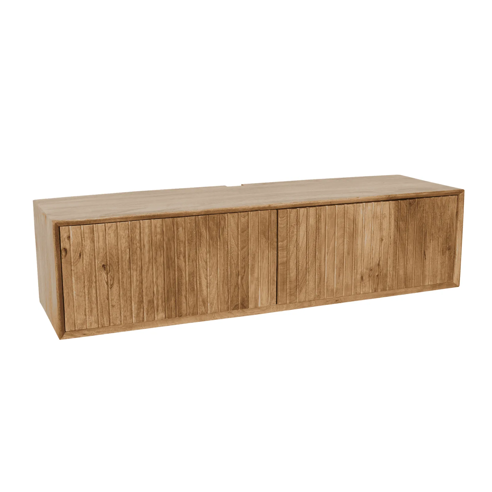 Zwevend tv meubel Madison Natural van Starfurn, met twee deuren met verticale groeven, op een witte achtergrond