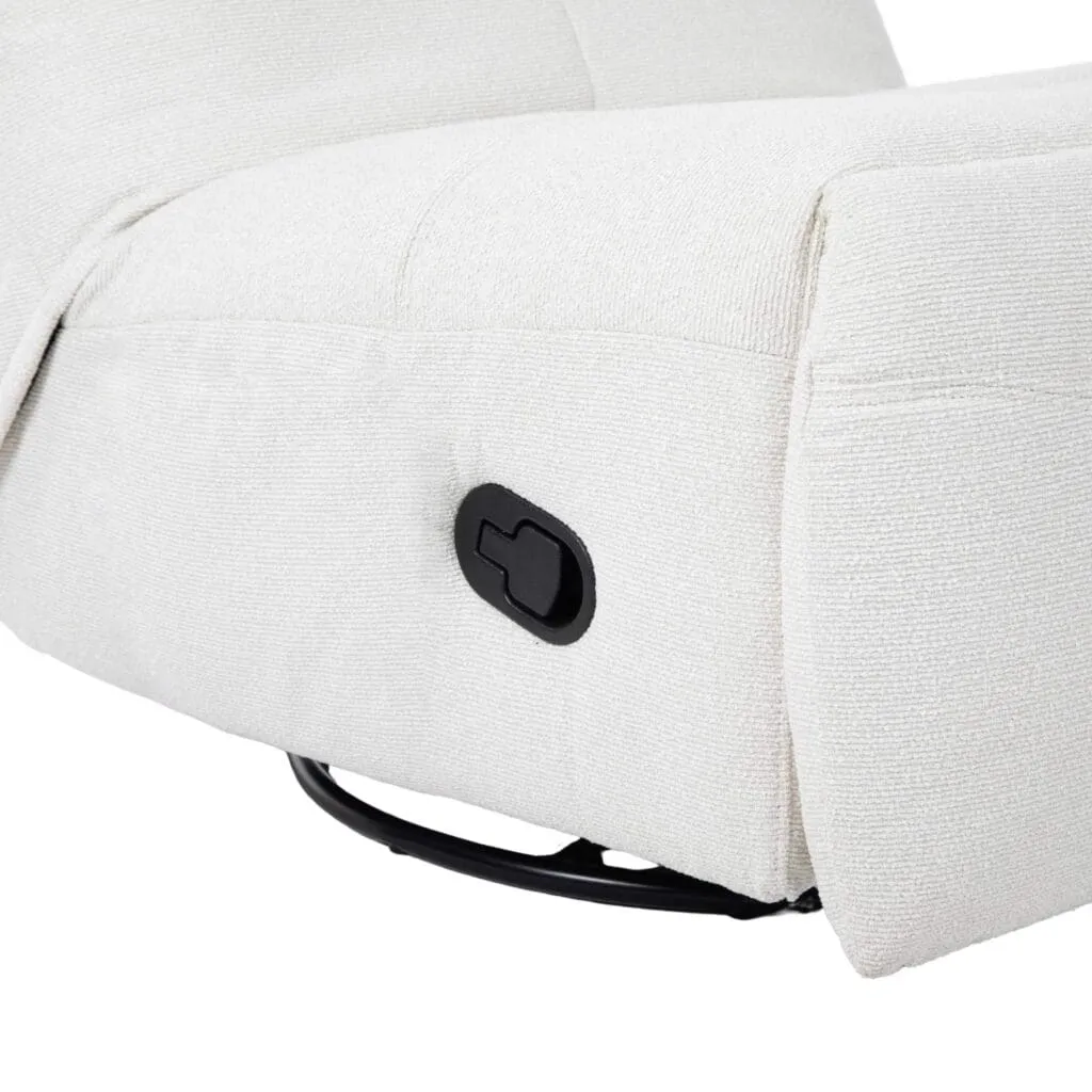 Nahaufnahme des Relaxsessel Lazy in Off White, mit dem schwarzen Hebel für die Relaxfunktion - Starfurn