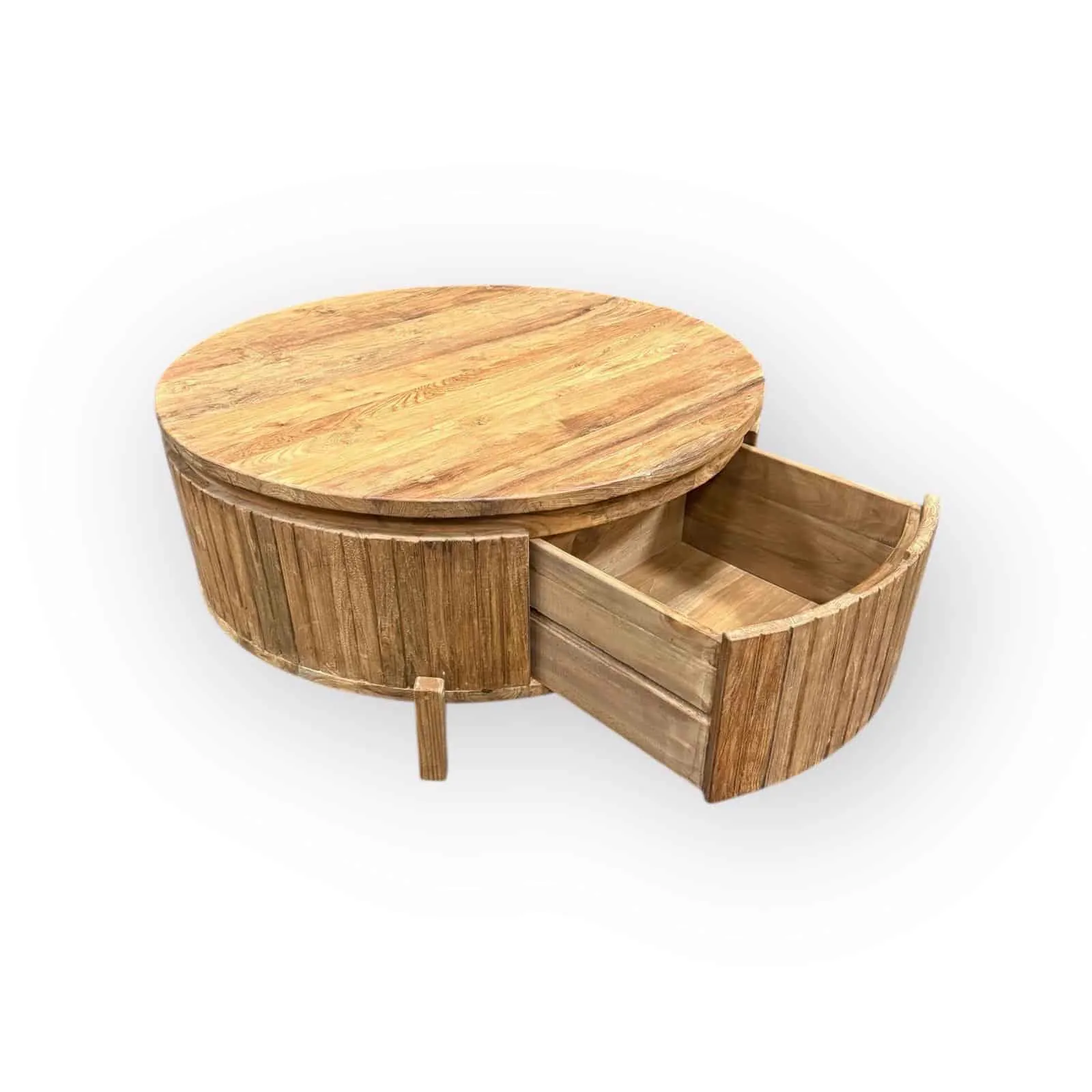 Couchtisch Cortese Teak rund mit offener Schublade auf weißem Hintergrund, aus einer erhöhten Perspektive - World of Brosi