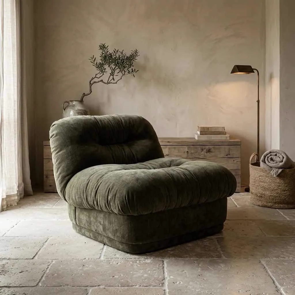 Loungesessel Nook grün in einem stimmungsvollen Wohnzimmer mit Pflanze und Lampe - By-Boo
