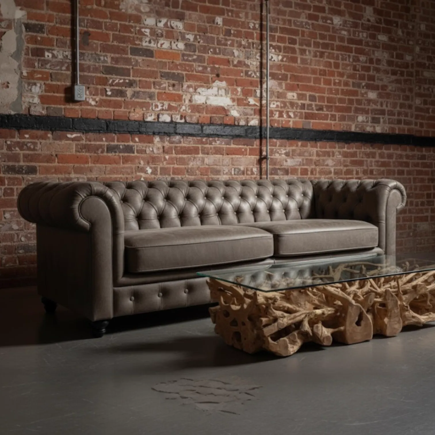 Chesterfield XL Leder 3-Sitzer Sofa in einem industriellen Studio mit Ziegelwand und Couchtisch - Primavera