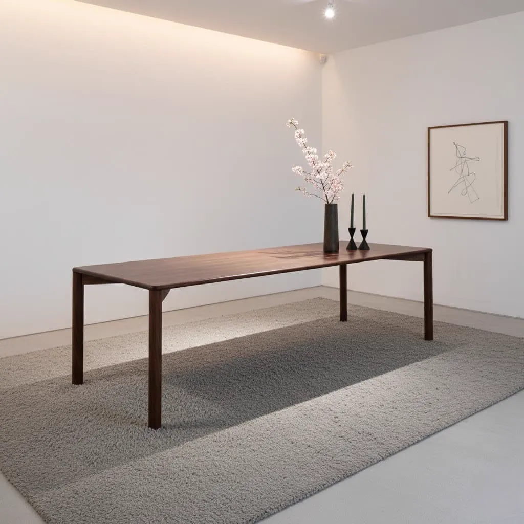 Der Esstisch Okky Walnuss steht auf einem grauen Teppich in einem modernen Interieur - PMP Furniture