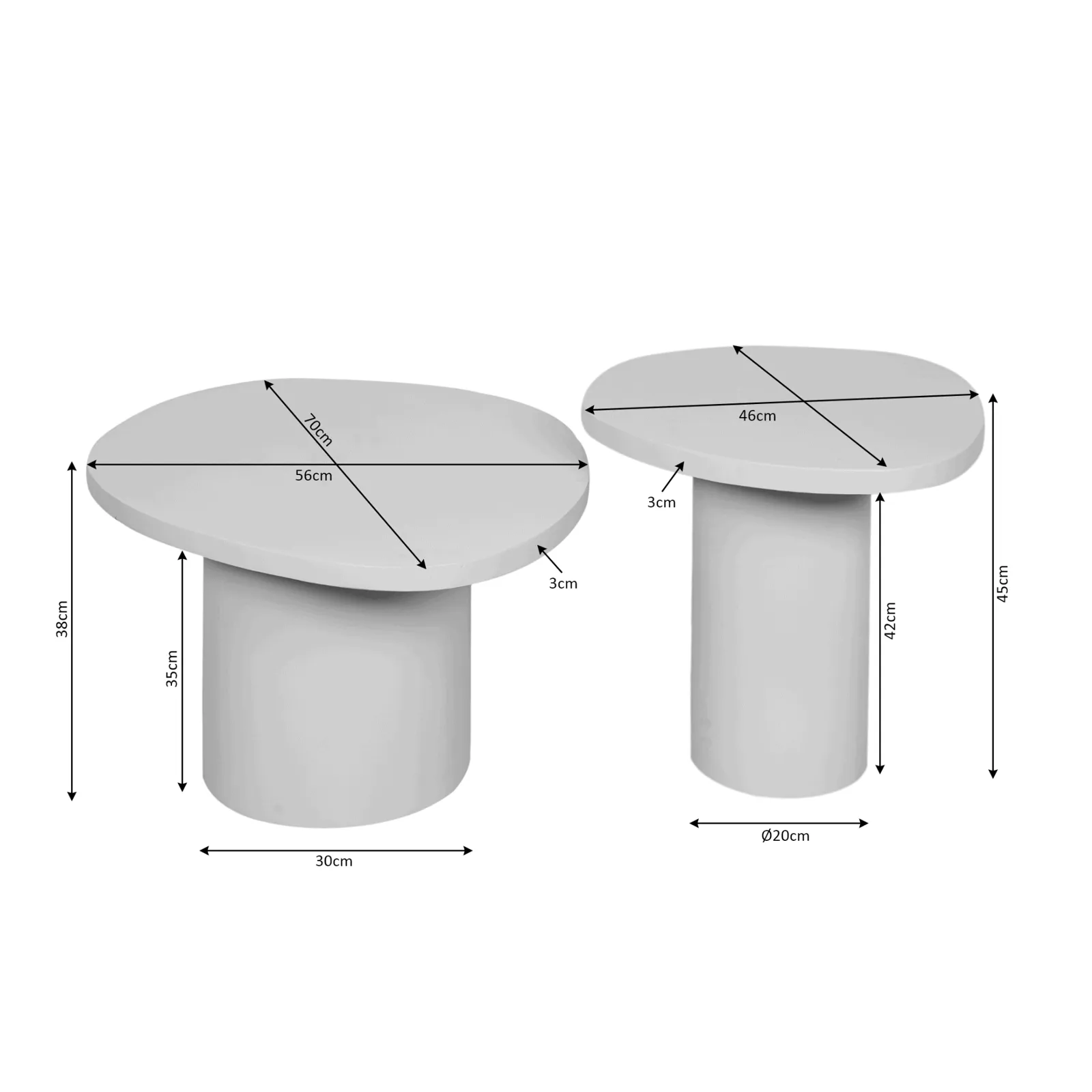 Set aus 2 Couchtischen Mirre auf weißem Hintergrund, mit den Maßen beider Tische - Starfurn