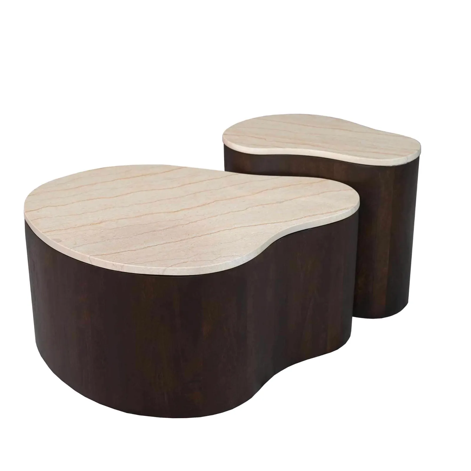 Zwei Couchtische Lovi mit brauner Basis und hellen, gemaserten Platten auf weißem Hintergrund - Starfurn