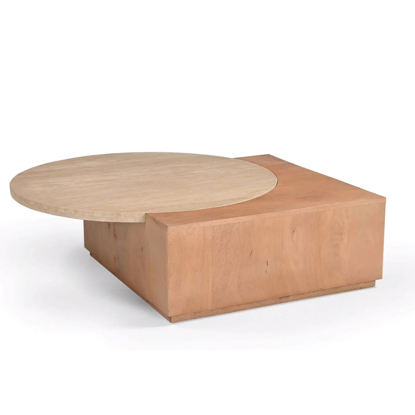 Couchtisch Numa, ein Holztisch mit einem runden und einem quadratischen Teil auf weißem Hintergrund - Starfurn