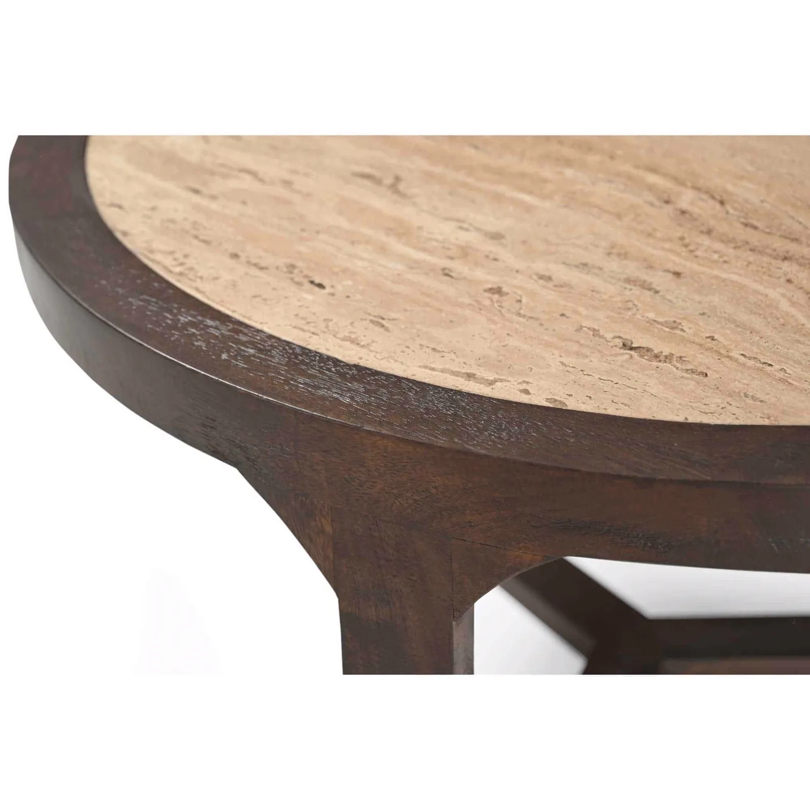 Detail des Couchtischs Morris, Draufsicht auf die runde Platte mit heller Marmoroptik und dunklem Holzrand - Starfurn