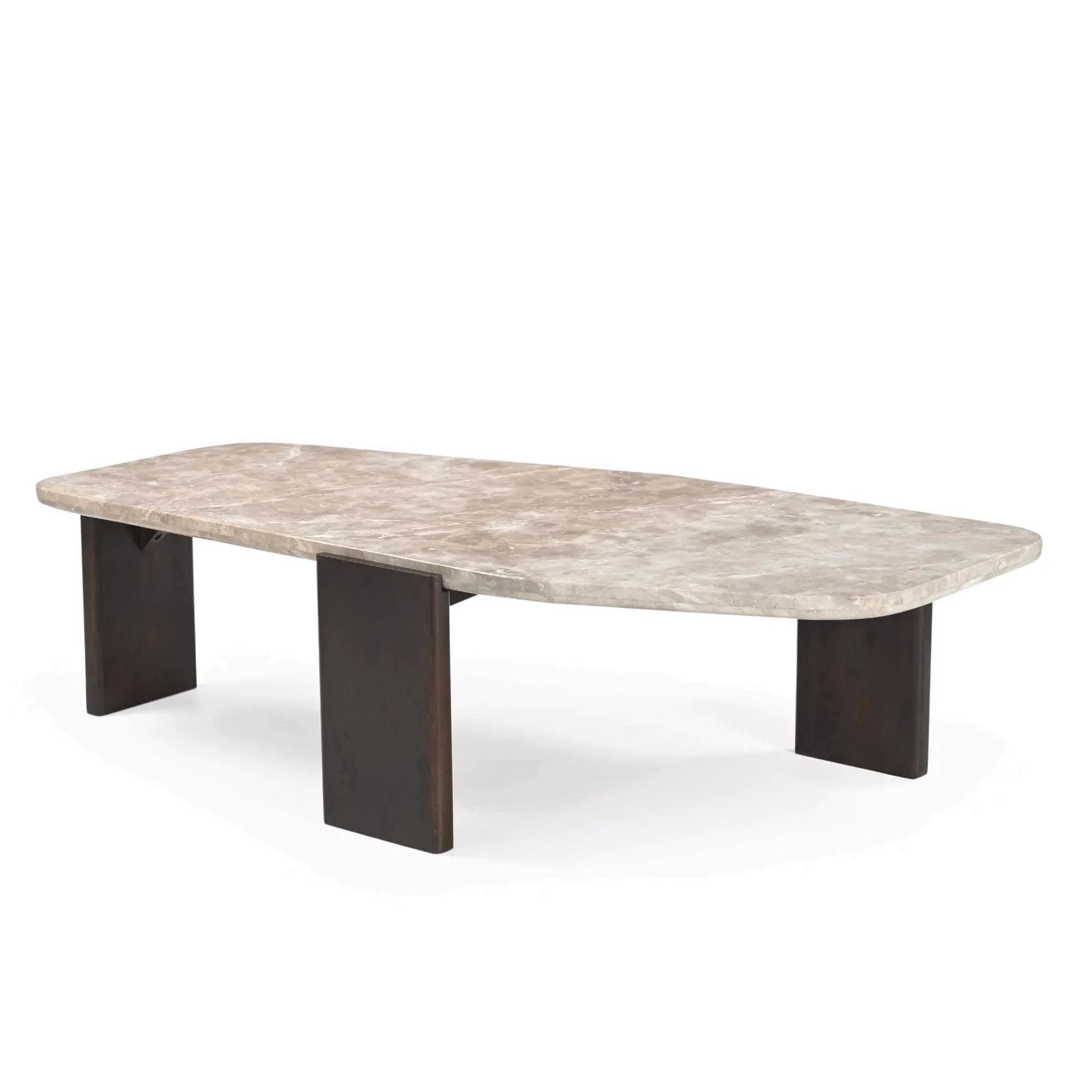 Couchtisch Silva, 130 cm, mit einer Marmorplatte und dunklen Holzbeinen auf weißem Hintergrund - Starfurn