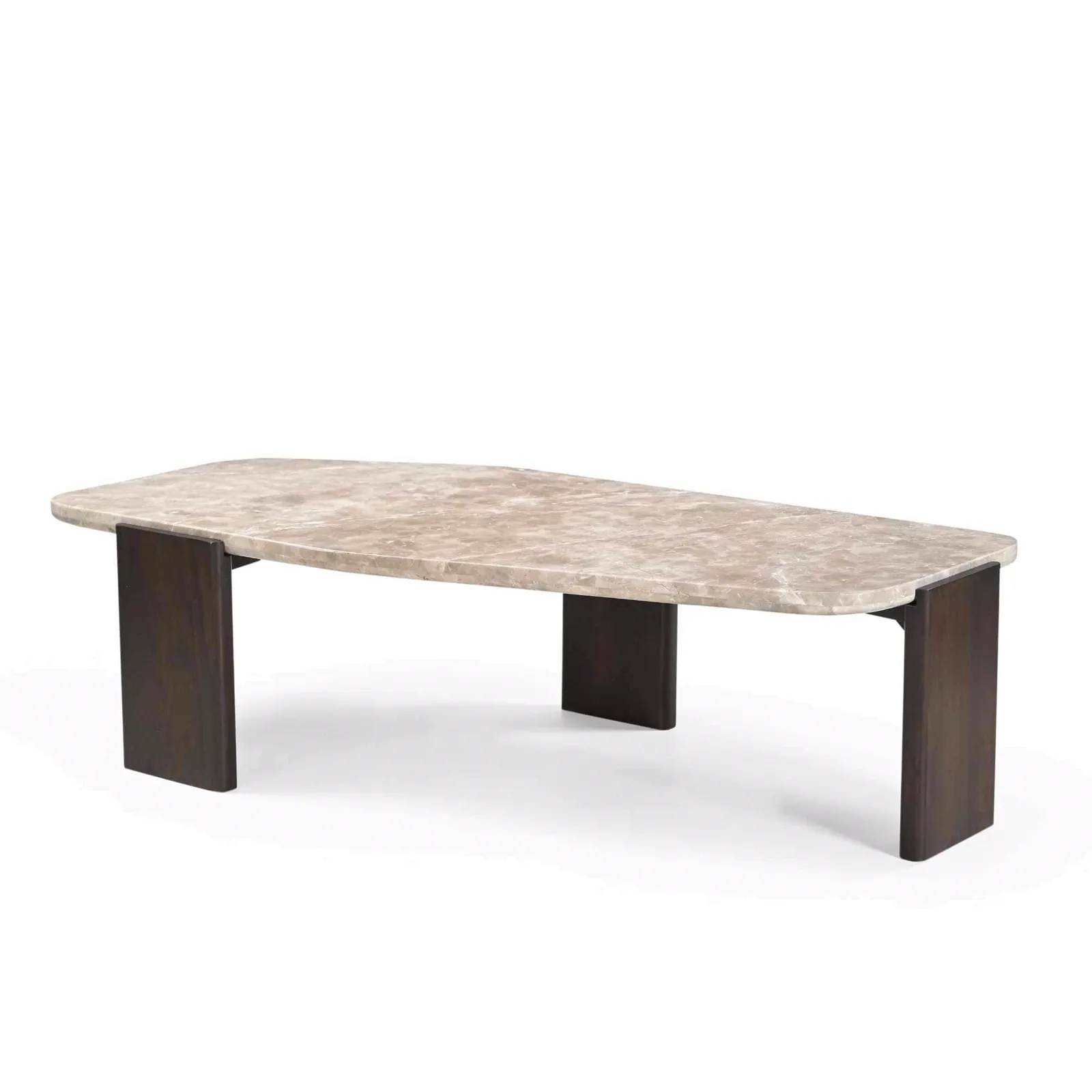 Couchtisch Silva 130 cm mit Marmorplatte und dunklen Holzbeinen auf weißem Hintergrund - Starfurn