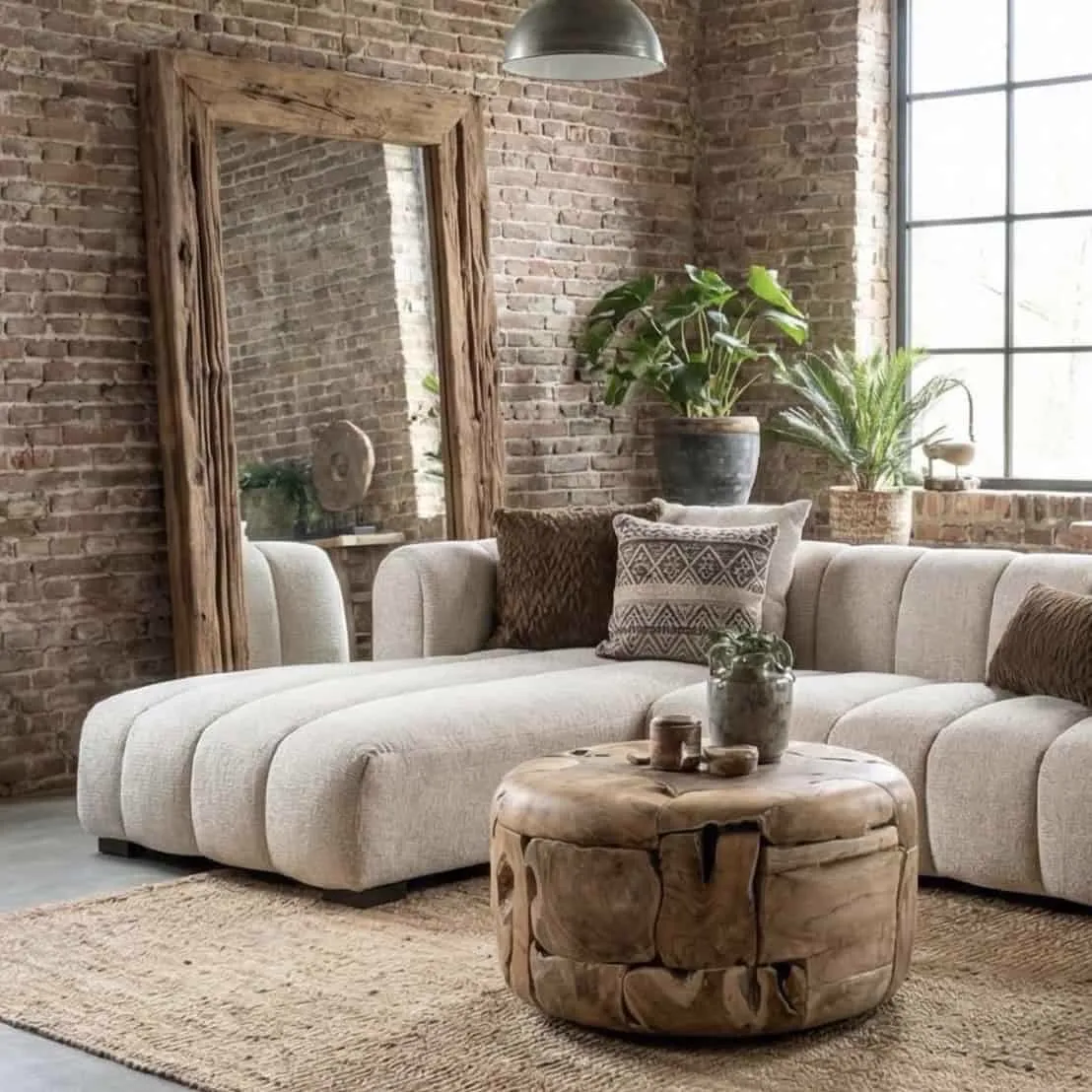 Couchtisch Gabri Teak rund auf einem Jute-Teppich in einem industriellen Wohnzimmer mit Backsteinmauer - World of Brosi