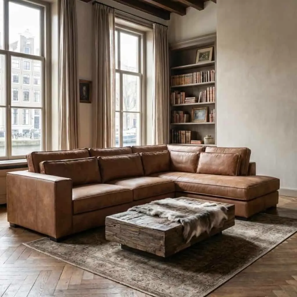 Ecksofa Aymee in einem stimmungsvollen Wohnzimmer mit Holzboden, Couchtisch und Bücherregal - Agpol