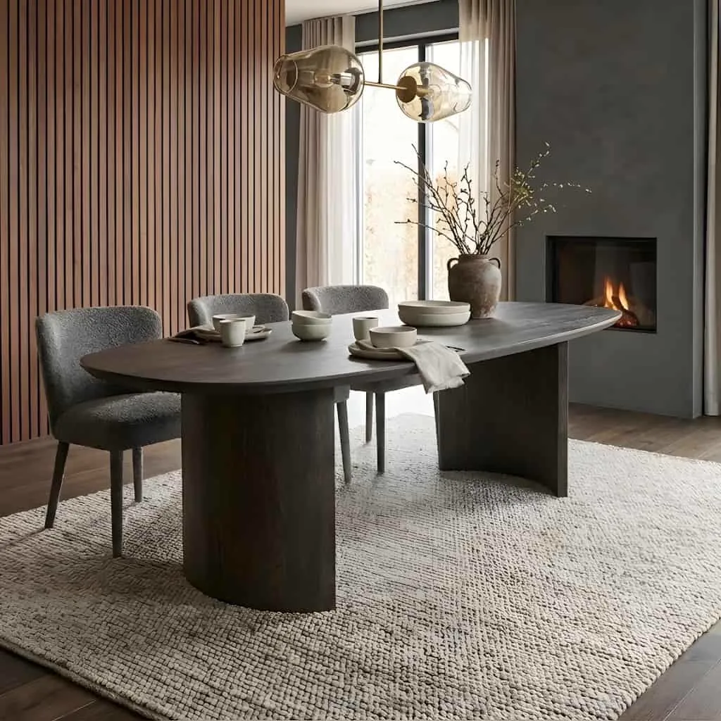 Esstisch Nout in einem stimmungsvollen Esszimmer mit hellem Teppich, Stühlen und Dekoration