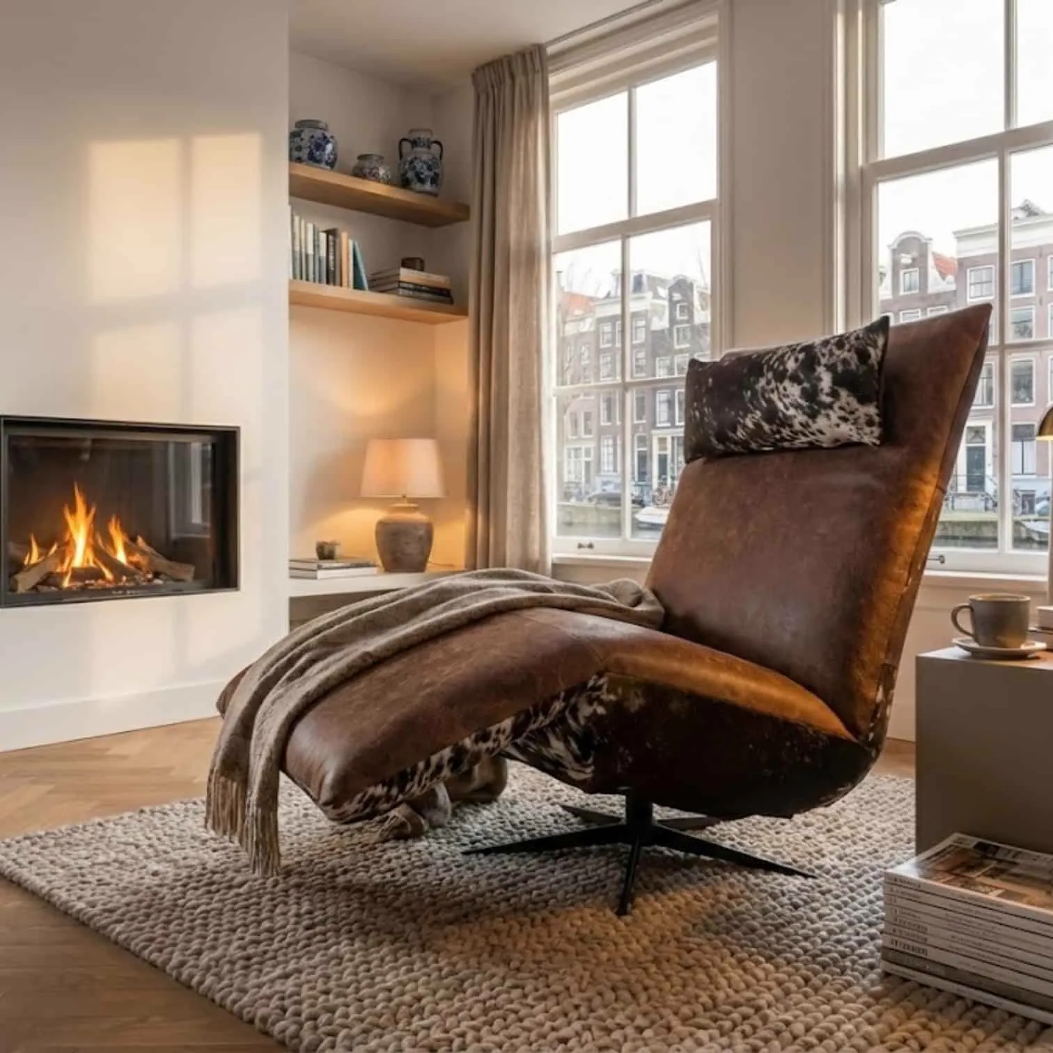 Relaxsessel Jesse Kuhfell in einem stimmungsvollen Wohnzimmer mit Kamin und Blick auf die Stadt - Chill-Line