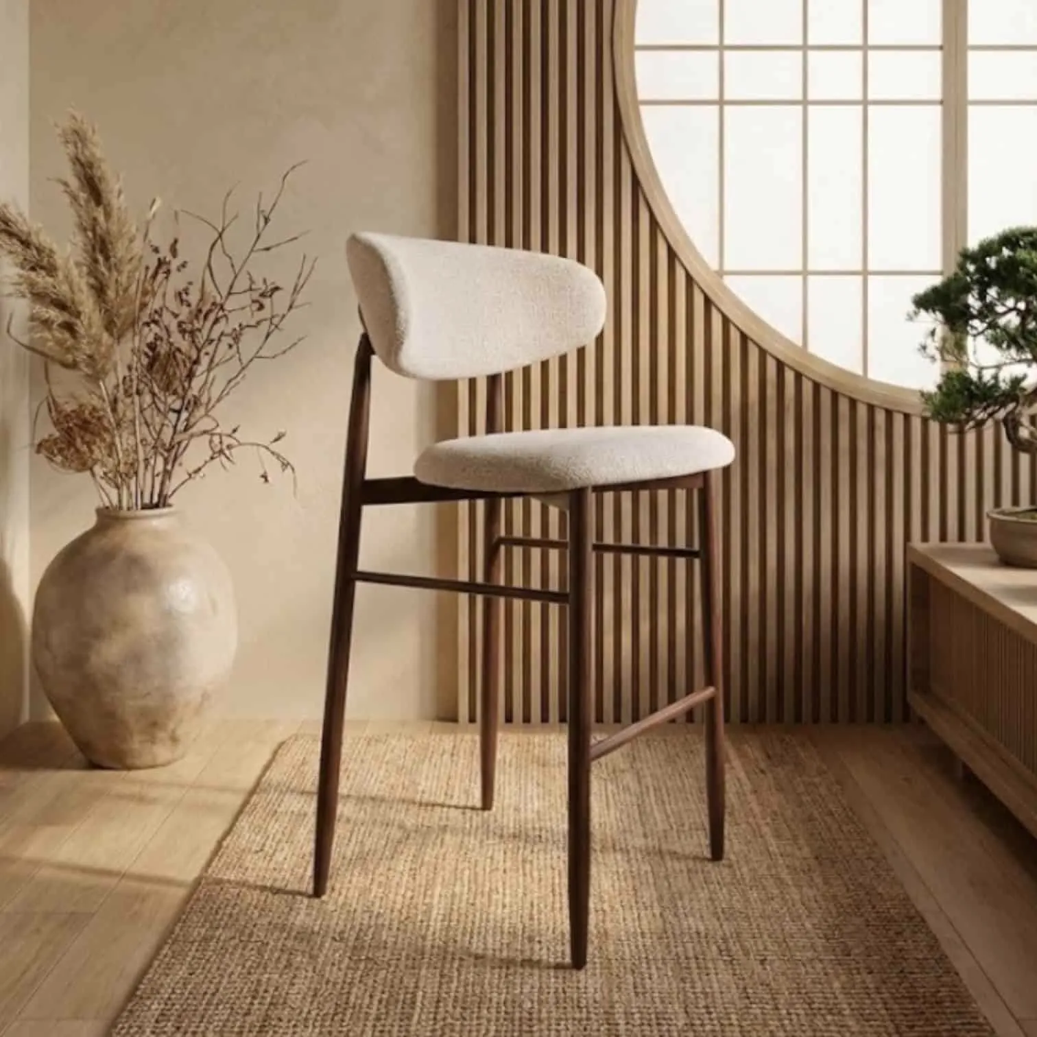 Gigi Barhocker in einem Japandi-Interieur mit rundem Fenster, Teppich und dekorativer Vase - Het Anker