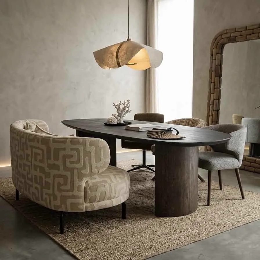 Esstisch Nout in einem stimmungsvollen Esszimmer mit ovaler Platte und dunklen Holzbeinen, umgeben von Stühlen auf einem Teppich