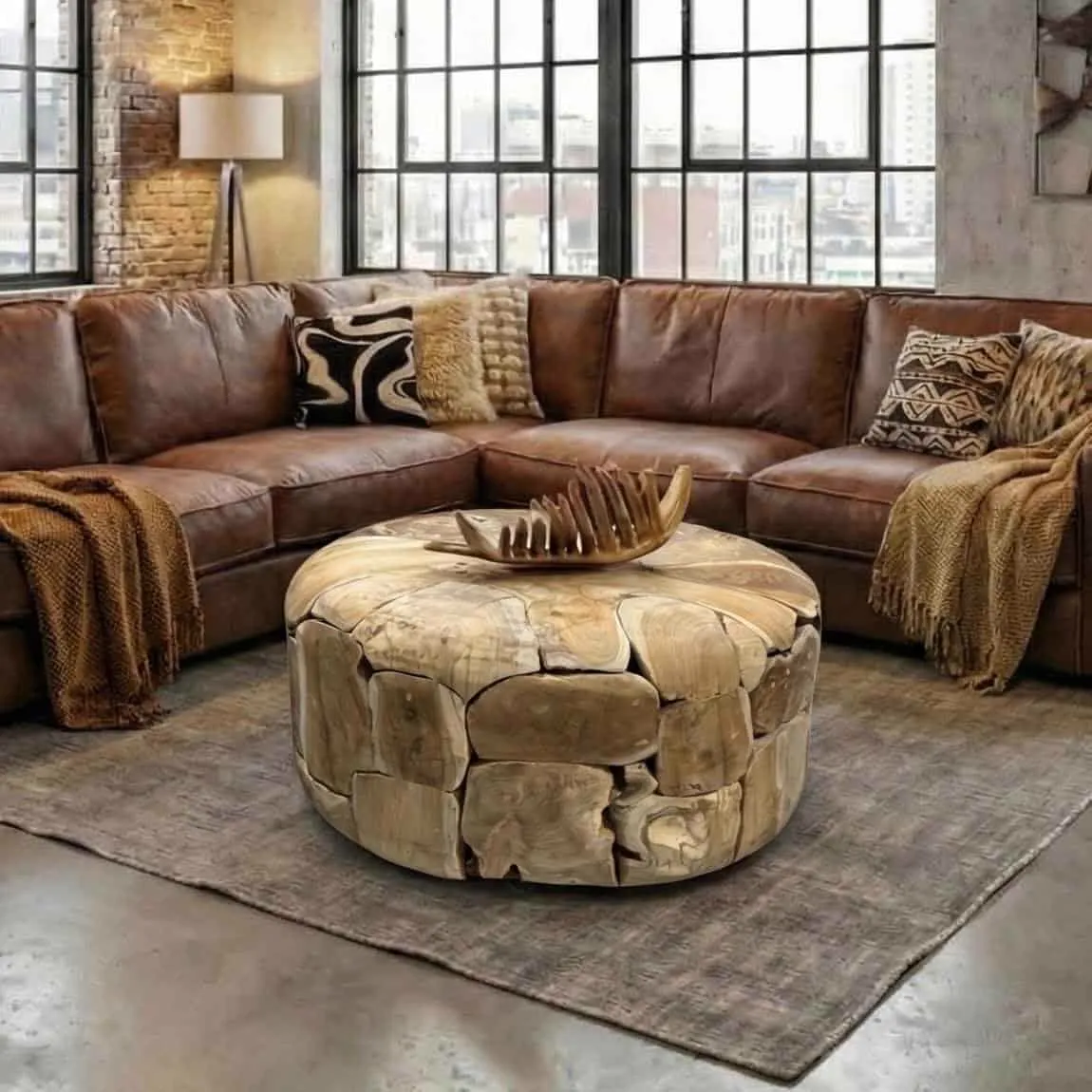 Couchtisch Gabri Teak rund in einem stimmungsvollen Wohnzimmer mit braunem Leder-Ecksofa und Teppich - World of Brosi