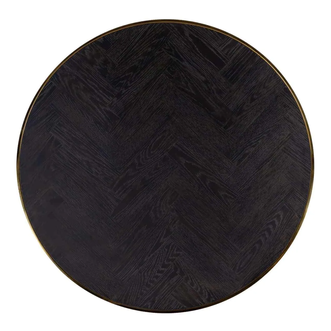 Draufsicht auf den runden Couchtisch Blackbone Gold black rustic mit Fischgrätmuster auf weißem Hintergrund - Richmond Interiors