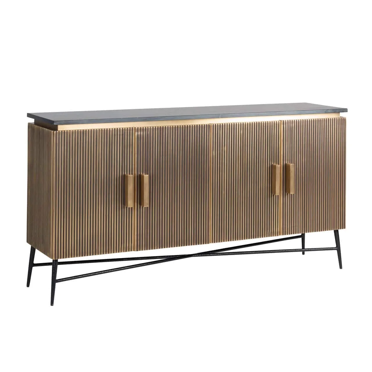Sideboard Ironville gold auf weißem Hintergrund, mit dunkler Platte und goldfarbenen vertikalen Lamellen - Richmond Interiors