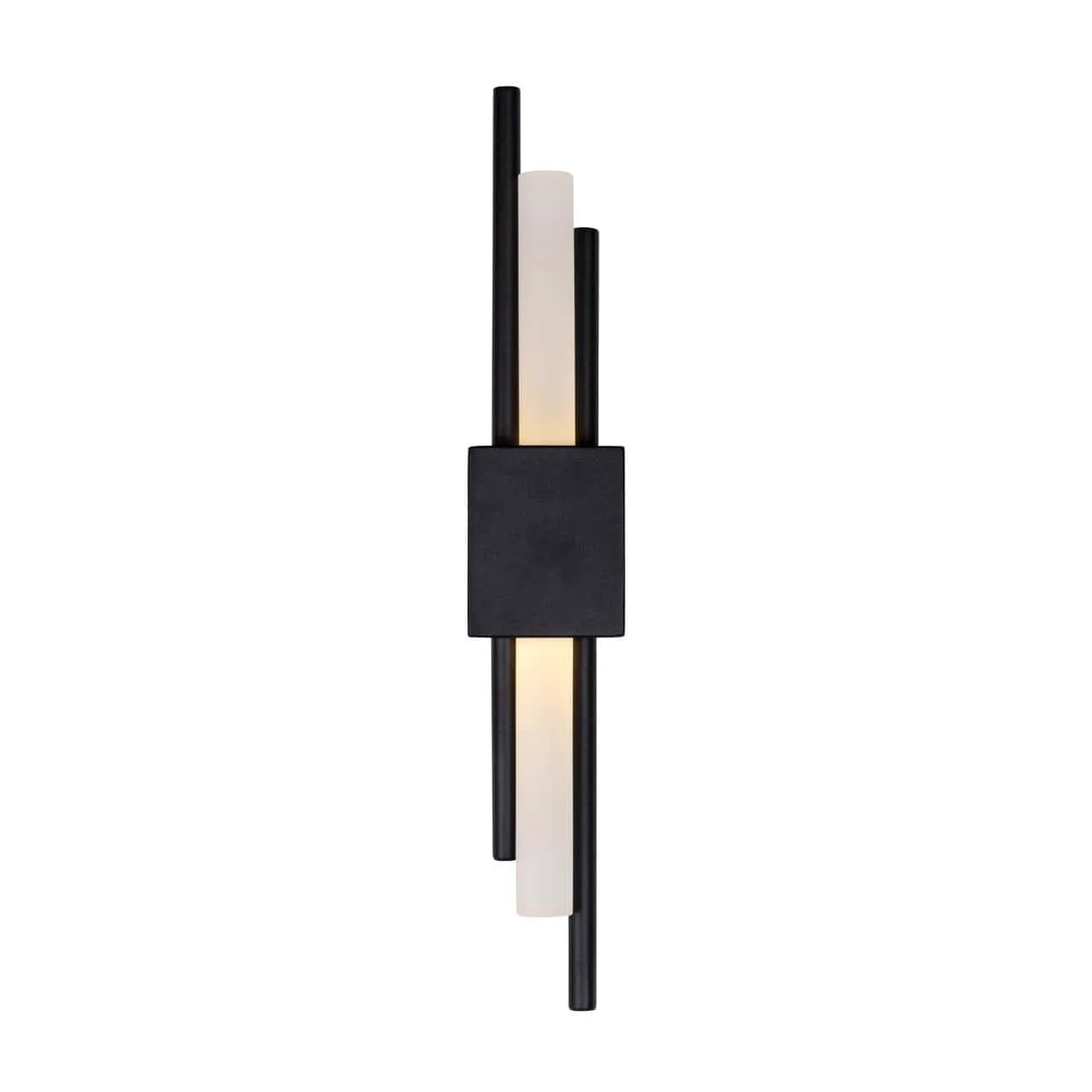 Schwarze Wandleuchte Mylas black mit zwei vertikalen Lichtbalken auf weißem Hintergrund - Richmond Interiors