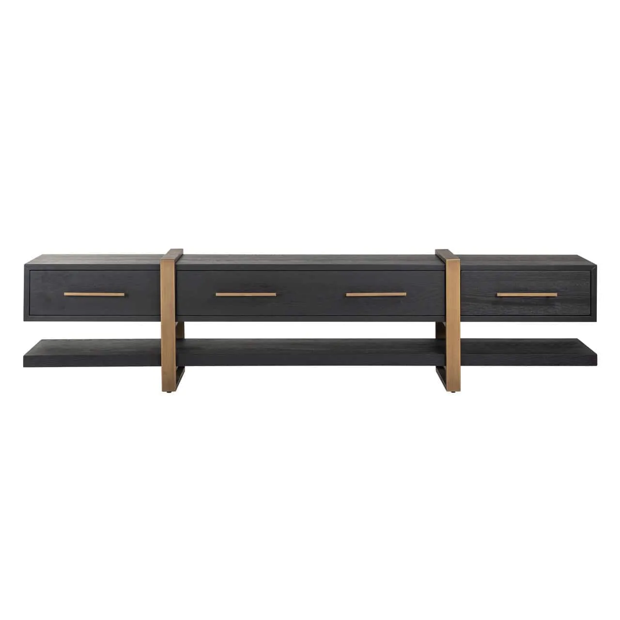 TV-Sideboard Cambon dark coffee vor weißem Hintergrund, mit vier Schubladen und einem offenen Fach, gestützt von goldfarbenen Metallständern - Richmond Interiors