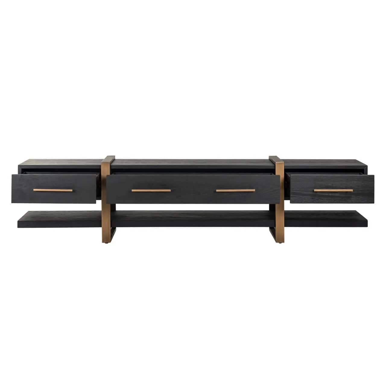 TV-Sideboard Cambon dark coffee mit drei offenen Schubladen und zwei offenen Fächern auf weißem Hintergrund - Richmond Interiors