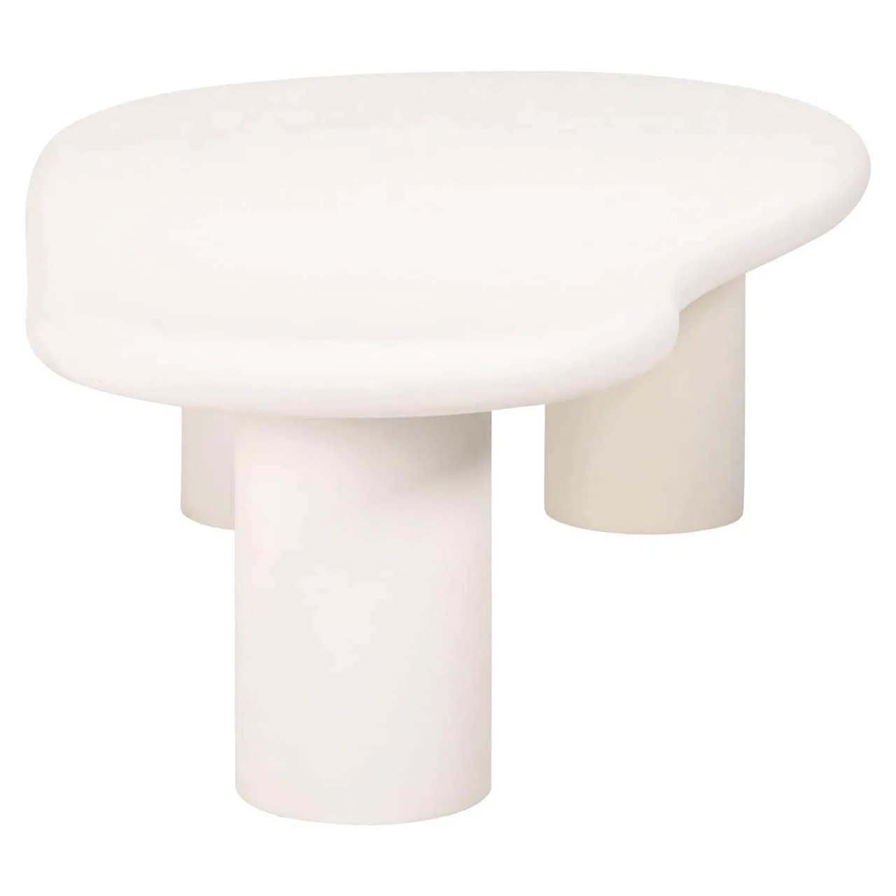 Couchtisch Bloomstone white 160x80 auf weißem Hintergrund, mit der unregelmäßigen Form und den drei Beinen deutlich sichtbar - Richmond Interiors