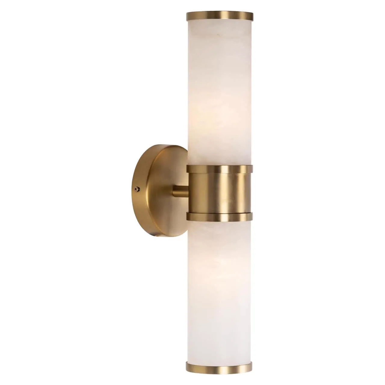 Wandlamp Charlize gold met twee lichtpunten op een witte achtergrond, van dichtbij gefotografeerd - Richmond Interiors