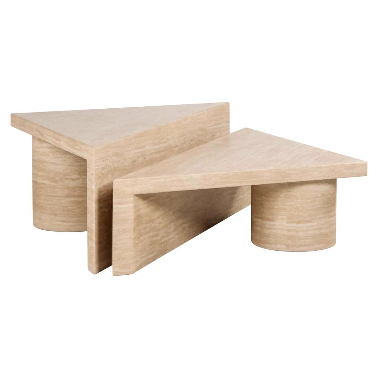 Couchtisch Fictus beige, ein Set aus zwei dreieckigen Tischen mit runden Beinen auf weißem Hintergrund - Richmond Interiors