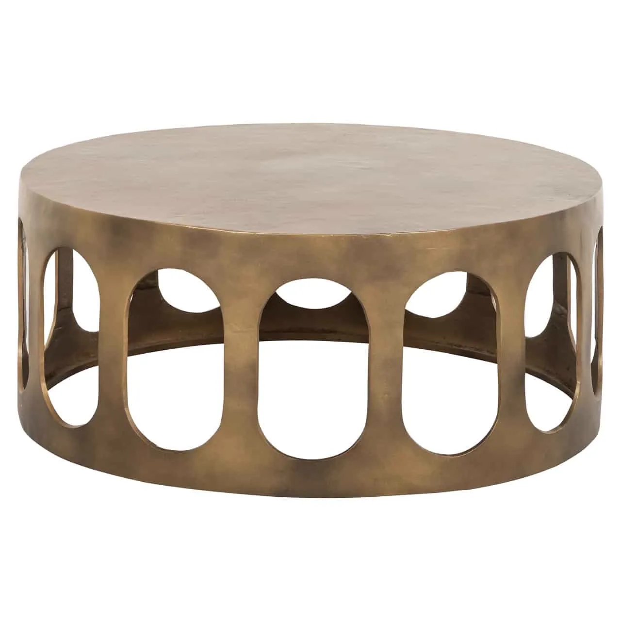 Couchtisch Du Pont brushed gold auf weißem Hintergrund, aus einem niedrigen Blickwinkel fotografiert - Richmond Interiors