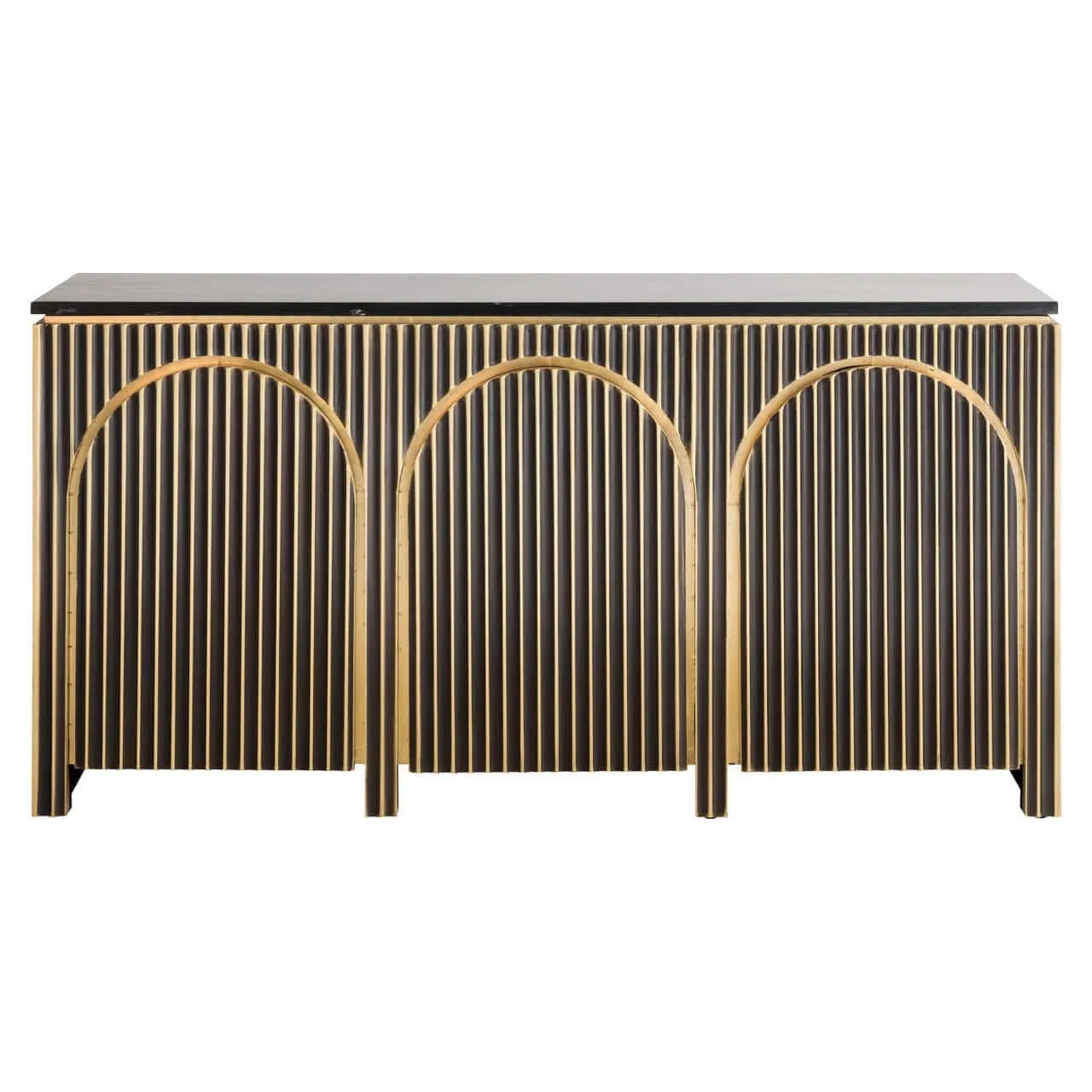 Sideboard Les Arcs brushed gold auf weißem Hintergrund, mit drei goldenen Bögen an der Vorderseite - Richmond Interiors