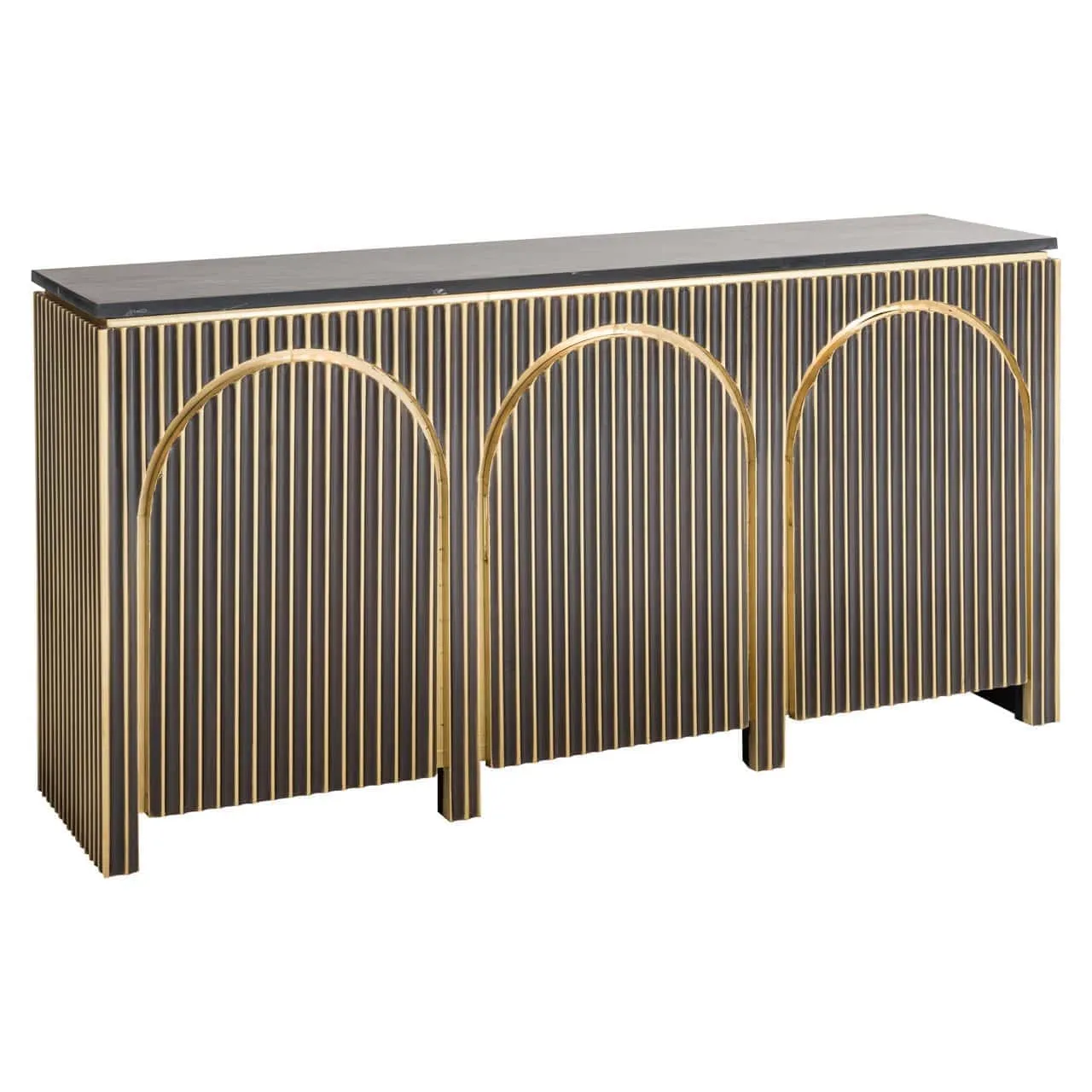 Sideboard Les Arcs brushed gold auf weißem Hintergrund, mit drei goldenen Bögen auf der Vorderseite - Richmond Interiors