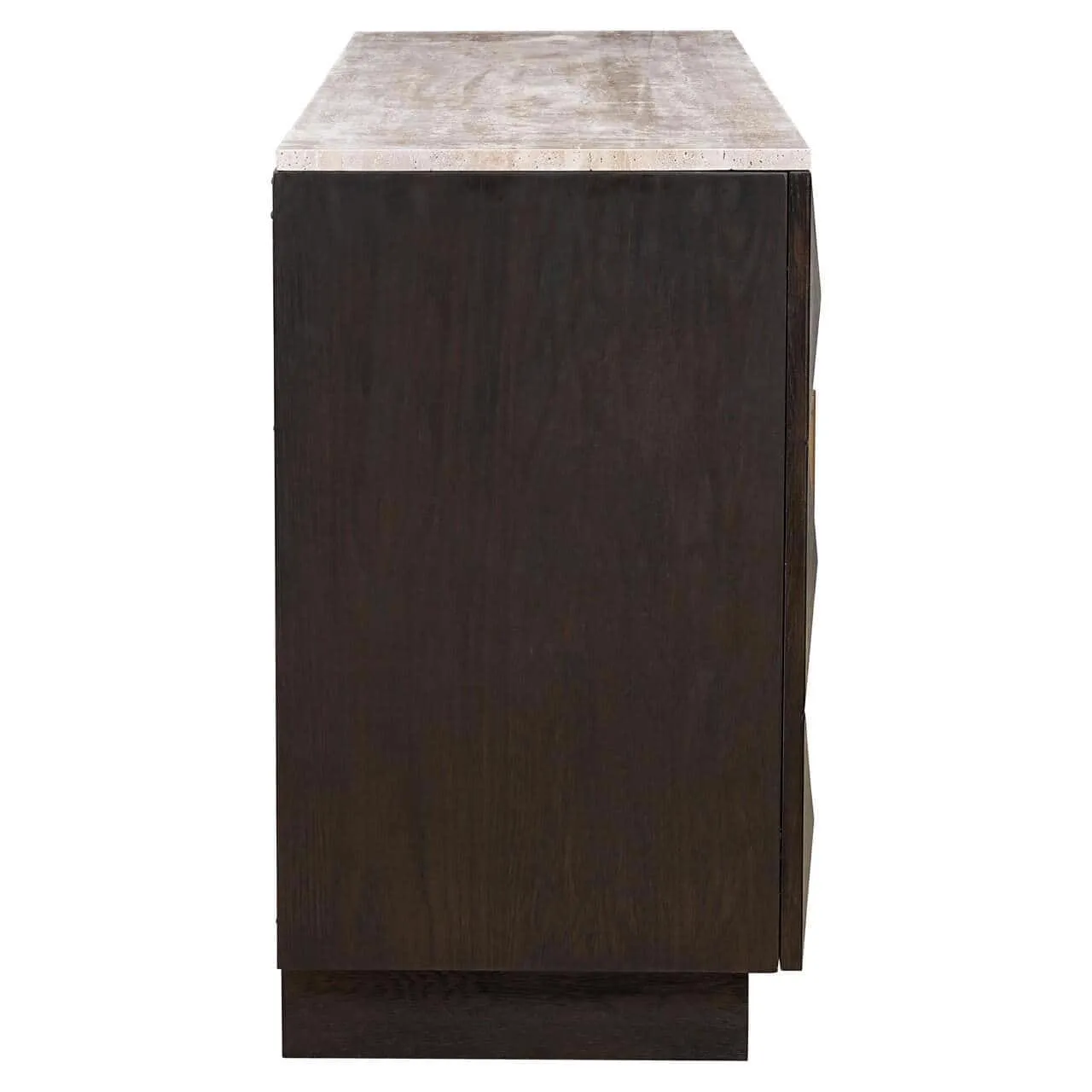 Seitenansicht des Sideboard Claremont Braun auf weißem Hintergrund, mit der hellen Marmorplatte - Richmond Interiors