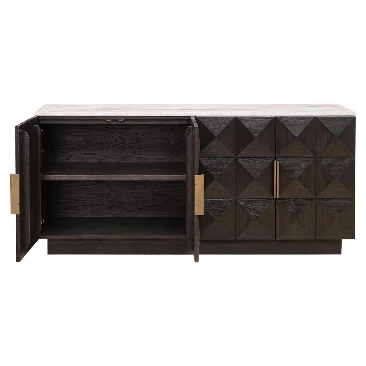 Sideboard Claremont Braun auf weißem Hintergrund, mit den beiden linken Türen offen und Blick auf die Regale - Richmond Interiors