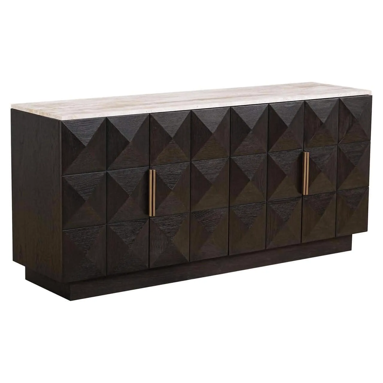 Sideboard Claremont Braun auf weißem Hintergrund, mit Marmorplatte und geometrischen Mustern auf den Türen - Richmond Interiors