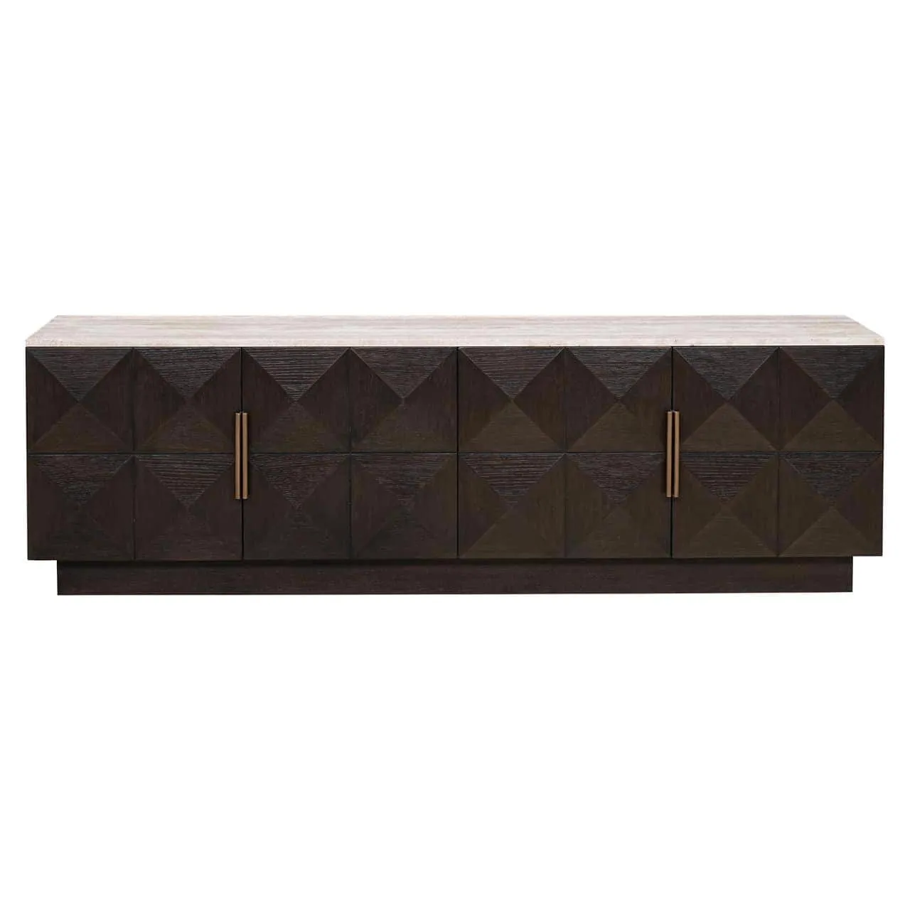 Fernsehschrank Claremont brown mit vier Türen und heller Marmorplatte, auf weißem Hintergrund fotografiert - Richmond Interiors